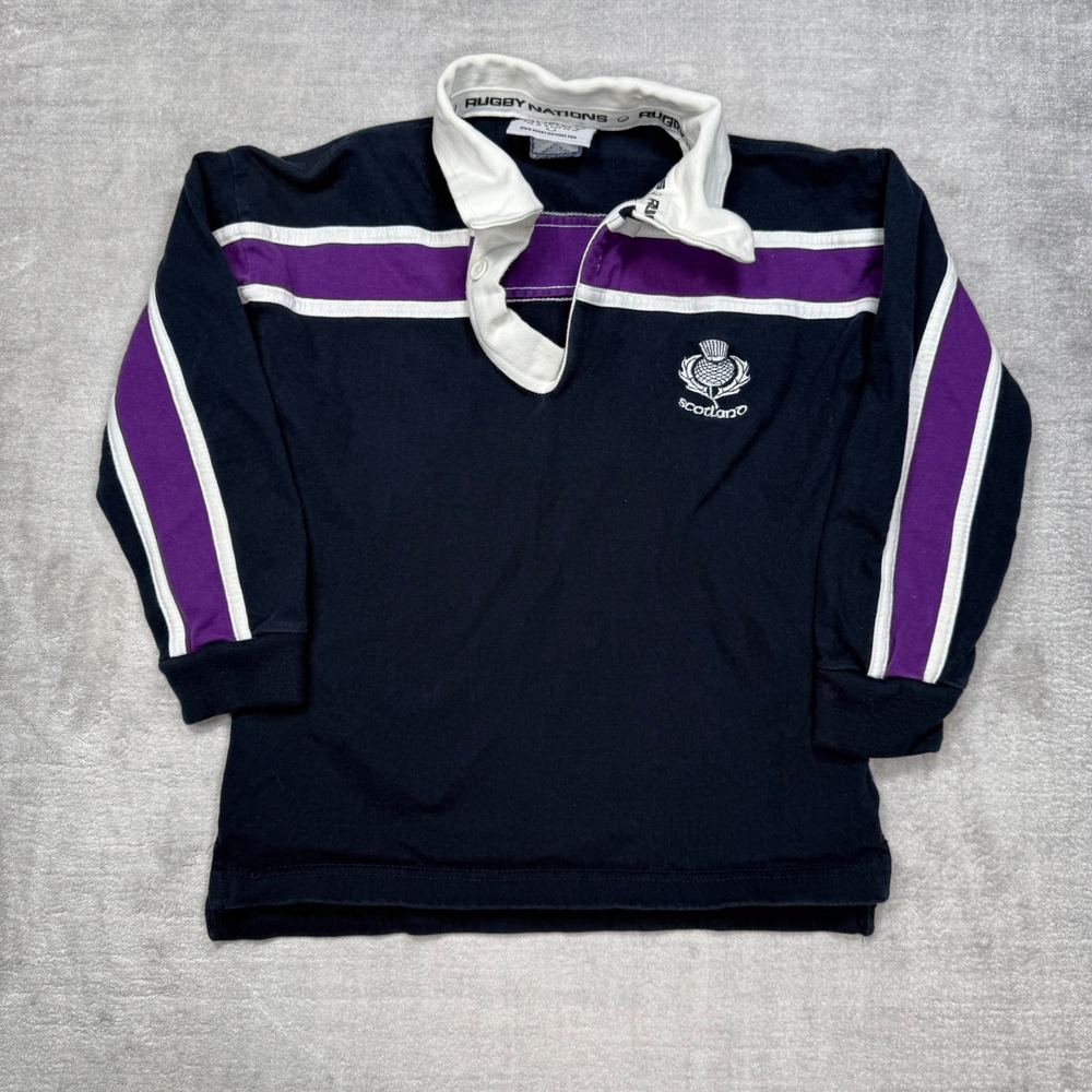 Scotland Rugby Shirt Youth 5 Navy Purple Striped Rugby Nations Thistle Logo Polo